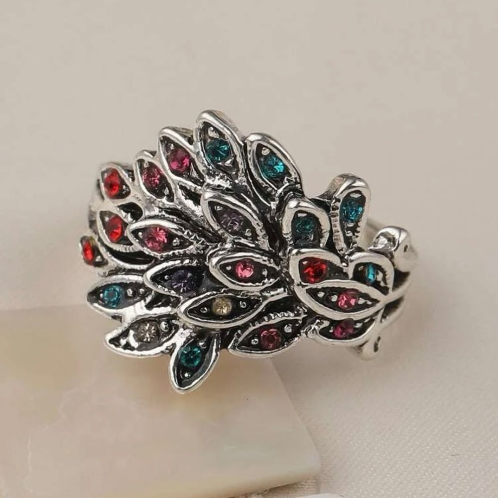 Peacock Multicolor Rhinestone Cocktail Ring One Size - Picture 3 of 6